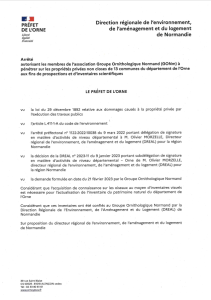 ARRÊTÉ PRÉFECTORAL D'AUTORISATION DE PÉNÉTRER SUR DES PROPRIÉTÉS PRIVÉES NON CLOSES À DES FINS D'INVENTAIRES SCIENTIFIQUES